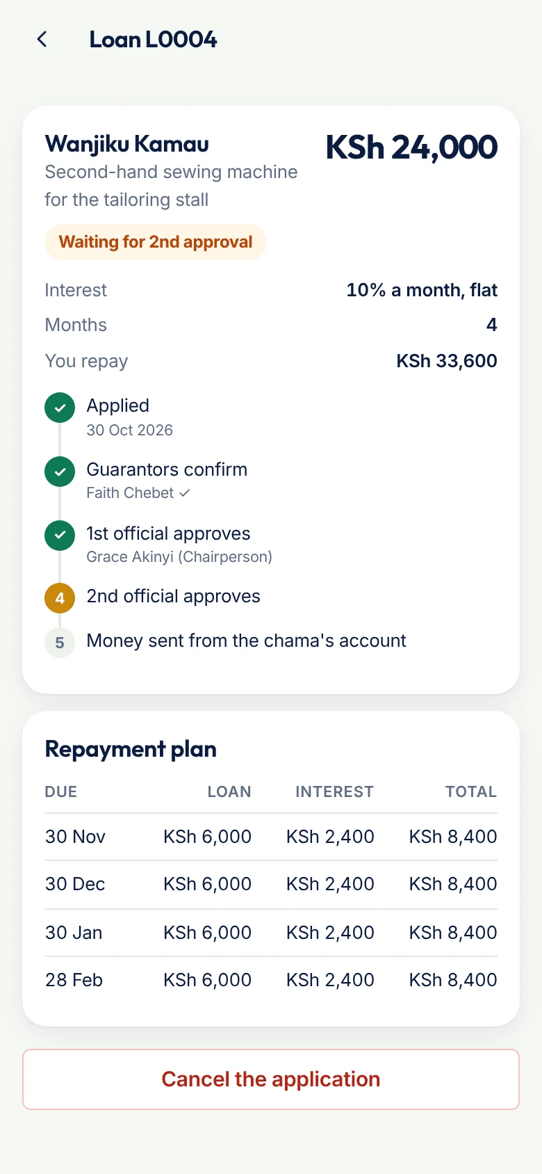 Loan waiting for second approval in the Beep Chama app