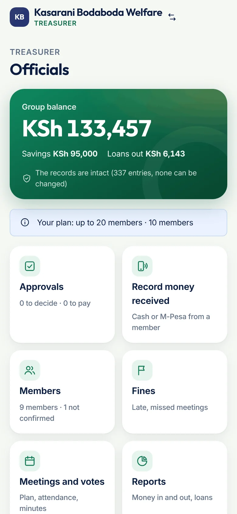 Officials dashboard in the Beep Chama app