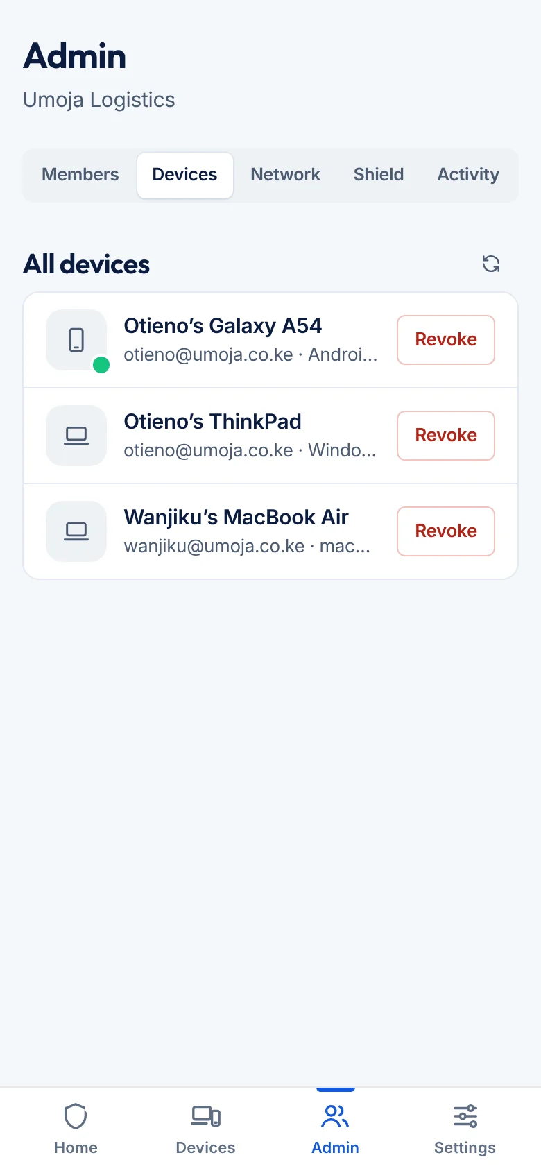 Admin devices list in the Beep VPN app