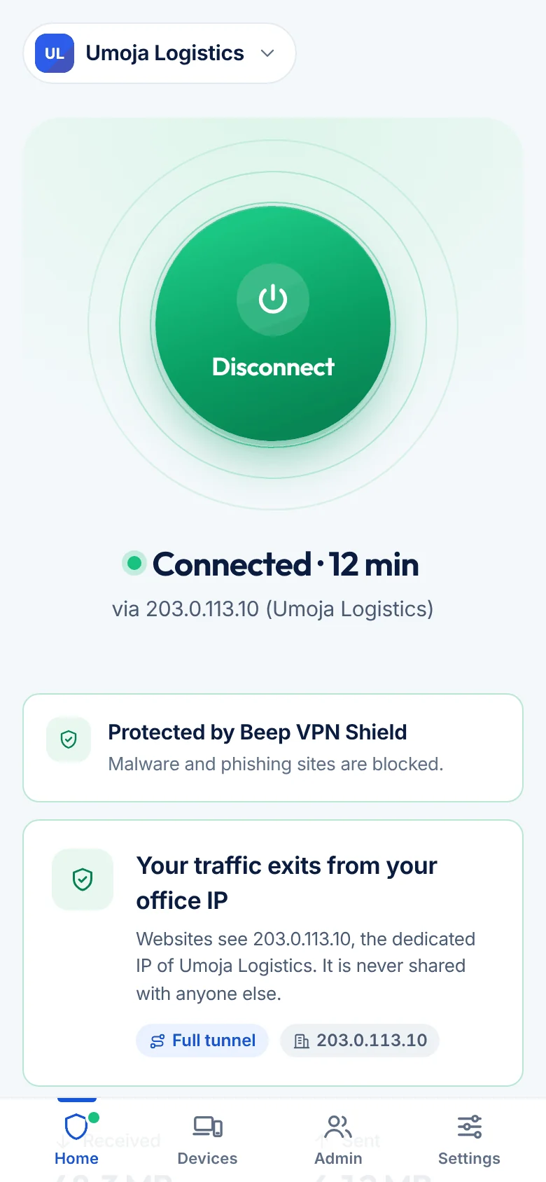 Connected screen in the Beep VPN app