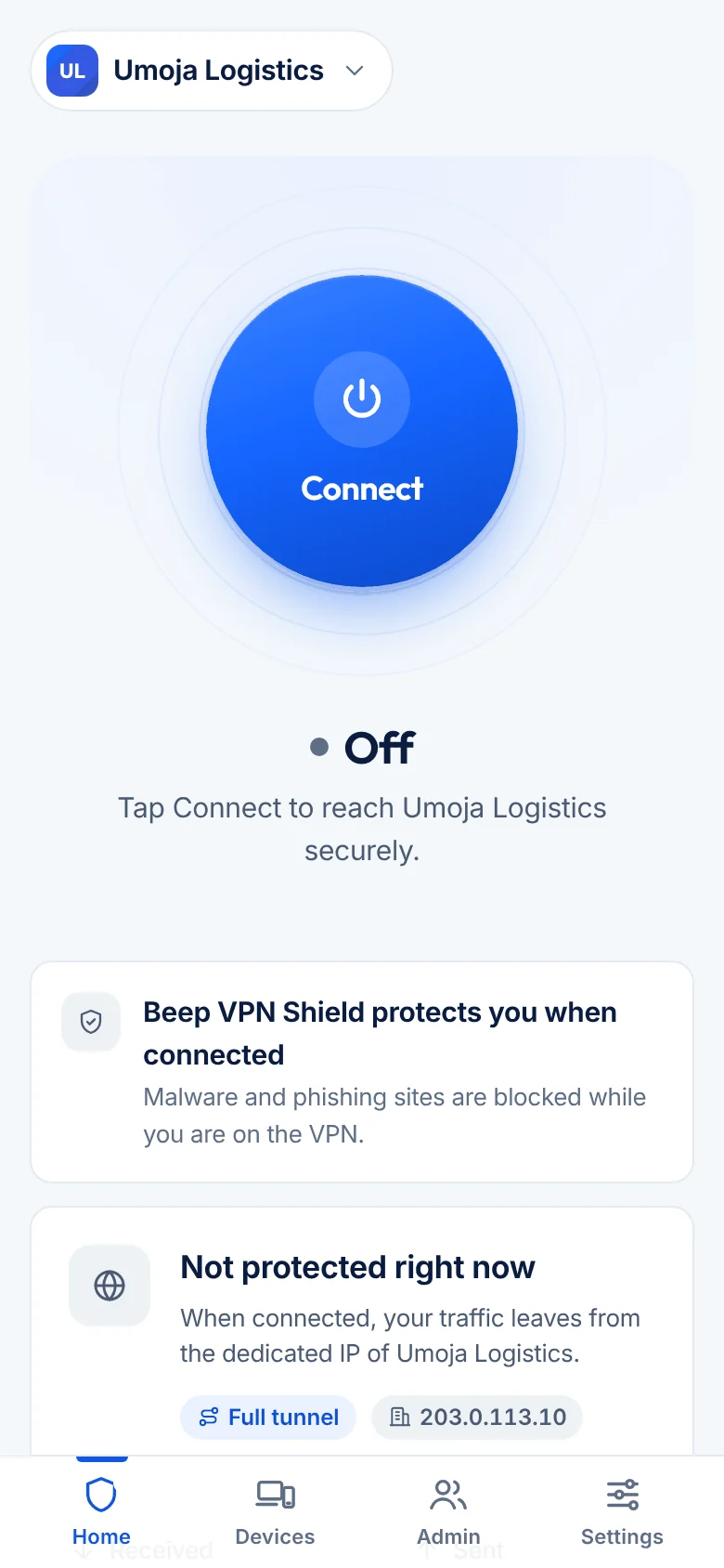 Disconnected screen in the Beep VPN app