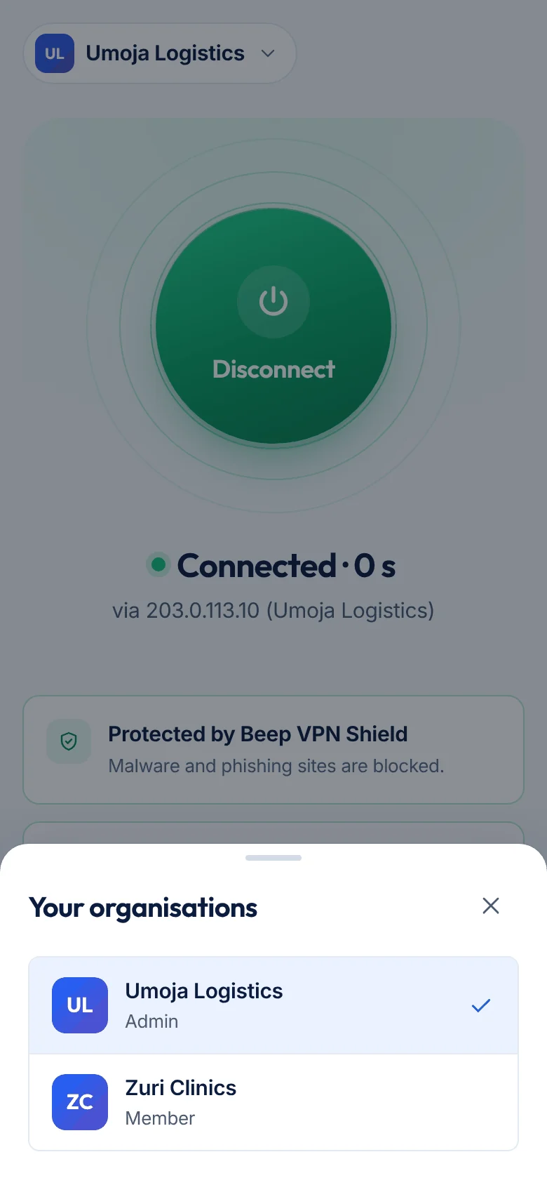 Switching organisations in the Beep VPN app